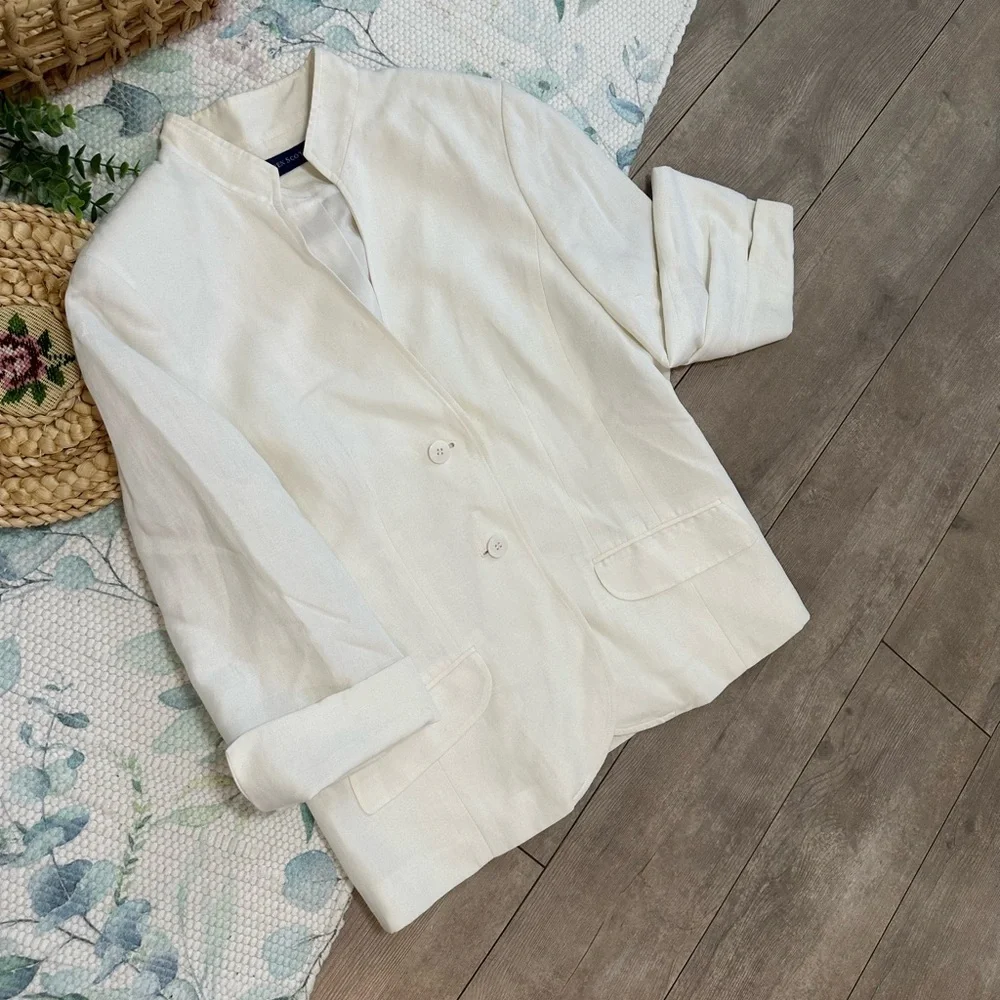 Karen Scott Women’s Cream Blazer Linen Rayon Shoulder Pads Minimalist Size 12